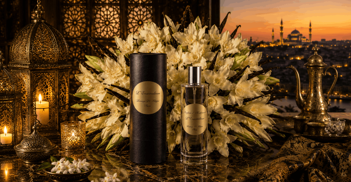 Parfum d’ambiance L’Ensorceleuse et son coffret devant un bouquet de fleurs de vanille, dans une ambiance inspirée d’Istanbul